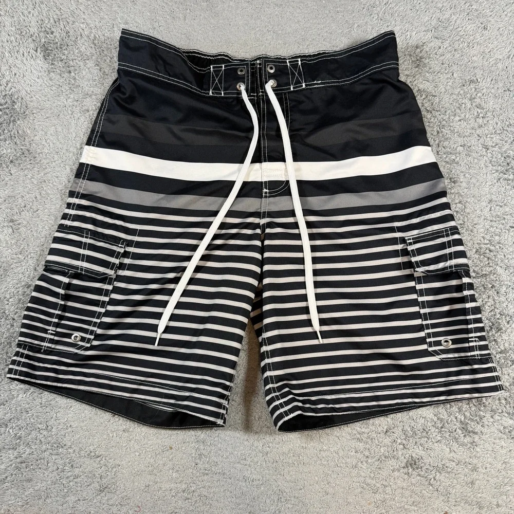 Merona Mens Striped Board Shorts Size L Black Grey White Cargo Swim Trunks